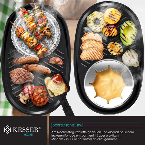 KESSER® 3in1 Raclette-Grill mit Naturgrillstein, Fondue, 8 Grillplatte und Personen, Raclette Elektrogrill Tischgrill für