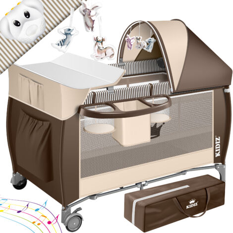 KIDIZ® Babybett 3 in 1 Reisebett Kombi Set Baby Bett mit Wickelauflage Moskitonetz Laufstall Baby ab Geburt bis 15 kg luftige Seitenwände mit Seiteneingang Braun