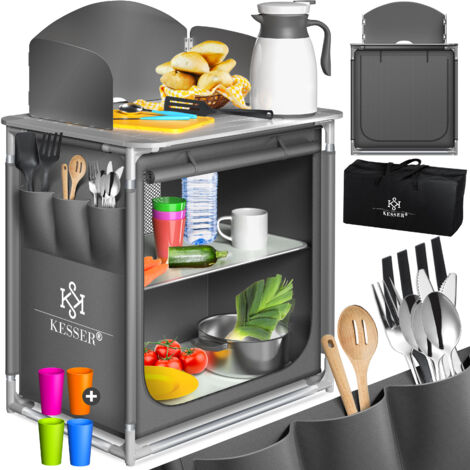 KESSER® Campingschrank   Campingküche mit Aluminiumgestell   inkl.Tragetasche    Kocherschrank für Camping   Outdoor-Campingmöbel   Typ F2 (Grau)
