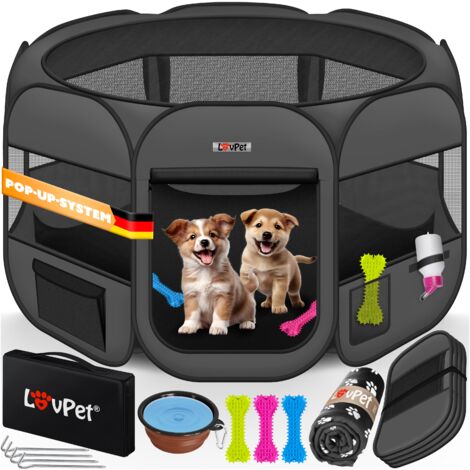 LOVPET® Welpenlaufstall Tierlaufstall Faltbar für Kleintiere Hunde Katzen Inkl. Hundenapf Hundelaufstall Freigehege Oxfordgewebe Pop-up System Indoor & Outdoor Anthrazit / Schwarz