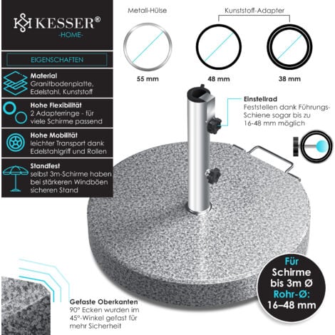 KESSER® Granit Sonnenschirmständer mit Edelstahlrohr   Hochwertiger Schirmständer Sockel 30KG - für Schirmstöcke bis 16-48 mm   Inkl. Transport Griff   Grau / Rund