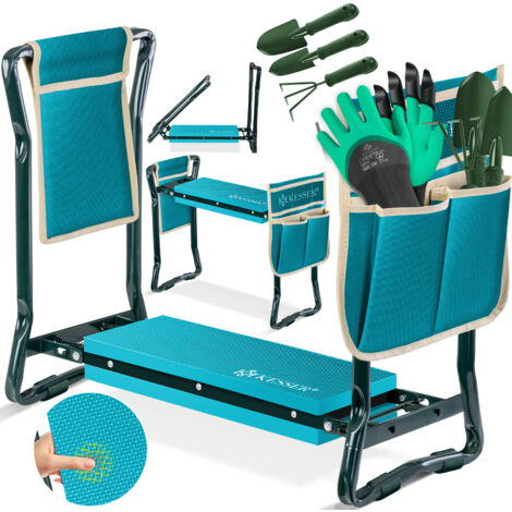 KESSER® 2 in 1 XXL Kniebank für Gartenarbeit Gepolstert Sitzunterlage Eva-Schaumkissen Gartenhocker Klappbar Inkl. 2x Werkzeugtasche Gartenbank Höhenverstellbar   Blau / Beige