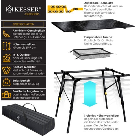 KESSER® Campingtisch faltbar Klapptisch Camping Tisch mit Aluminiumrahmen Aufrollbare Tischplatte Falttisch klappbar mit Höhenverstellung inkl. Tragetasche   Schwarz