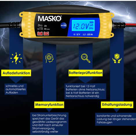 MASKO® Batterieladegerät KFZ vollautomatisch 4A-6V/12V Auto Motorrad PKW ,  Boot Ladegerät Für Blei-Säure
