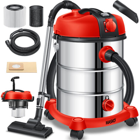 MASKO® Industriestaubsauger Staubsauger Nass Trocken Sauger Edelstahl 2300W + Steckdose  Blasfunktion  Trocken-Saugen & Nass-Saugen  Push&Clean   Rot