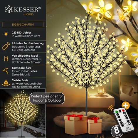 KESSER® Kirschblütenbaum mit Fernbedienung  Lichterbaum Indoor Outdoor Metallfuß Stabil  Weihnachten Beleuchtung Leuchtbaum Warmweiß   220cm