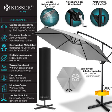 KESSER® Alu Ampelschirm Sonnenschirm + Abdeckung Ø300 cm / Ø350 cm mit Kurbelvorrichtung Kurbelschirm mit Ständer UV-Schutz Aluminium 300cm / Hellgrau