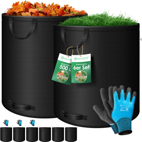 KESSER® Gartensack Set Laubsack Gartenabfallsack inkl. Handschuhe - Selbststehend 4 Griffe Stabil Robust & Faltbar - Laubsäcke Rasenschnitt Gartensäcke Schwarz / 6x 500 Liter