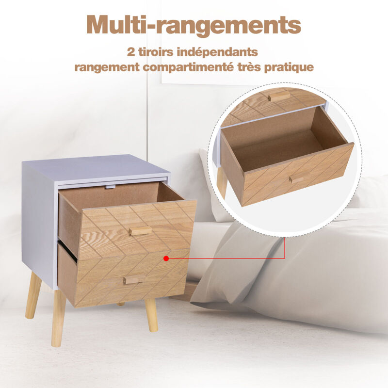 Table de chevet avec 2 tiroirs scandinave blanc et effet bois - dim