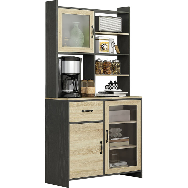 Armoire de cuisine - HOMCOM - 80x40x180cm - 2 placards, 4 portes, 1 tiroir, passe-câbles, design industriel - noir et naturel - Maison