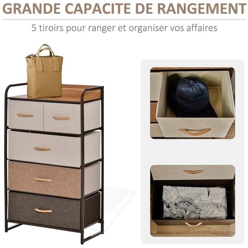 Commode Meuble De Rangement 5 Tiroirs Pliables En Tissu 58 X 29 X 99 Cm