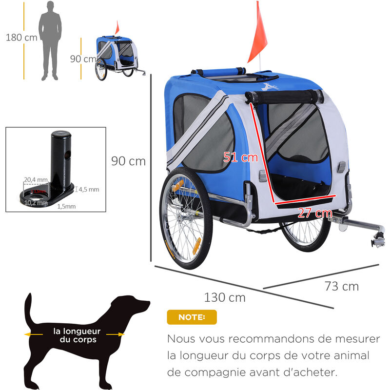 Remorque vélo pour chien animaux pliable 8 réflecteurs drapeau barre  attelage inclus acier polyester imperméable max. 30 Kg 130L x 73l x 90H cm  bleu blanc