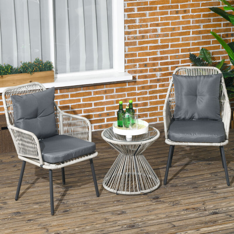 Outsunny Ensemble Jardin 3 Pièces - 2 Fauteuils à Bascule + Table Basse En Rotin Tressé, Noir/Marron - Coussins Inclus