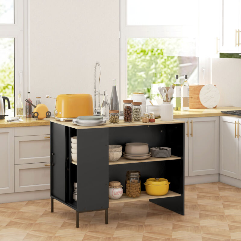 Îlot De Cuisine Mobile Avec Multiprise - Plan Pliable, 2 Tiroirs, 2 Portes - Roulettes Freinées - Noir - Dimensions 151,5x84,7x91,7 Cm - 6