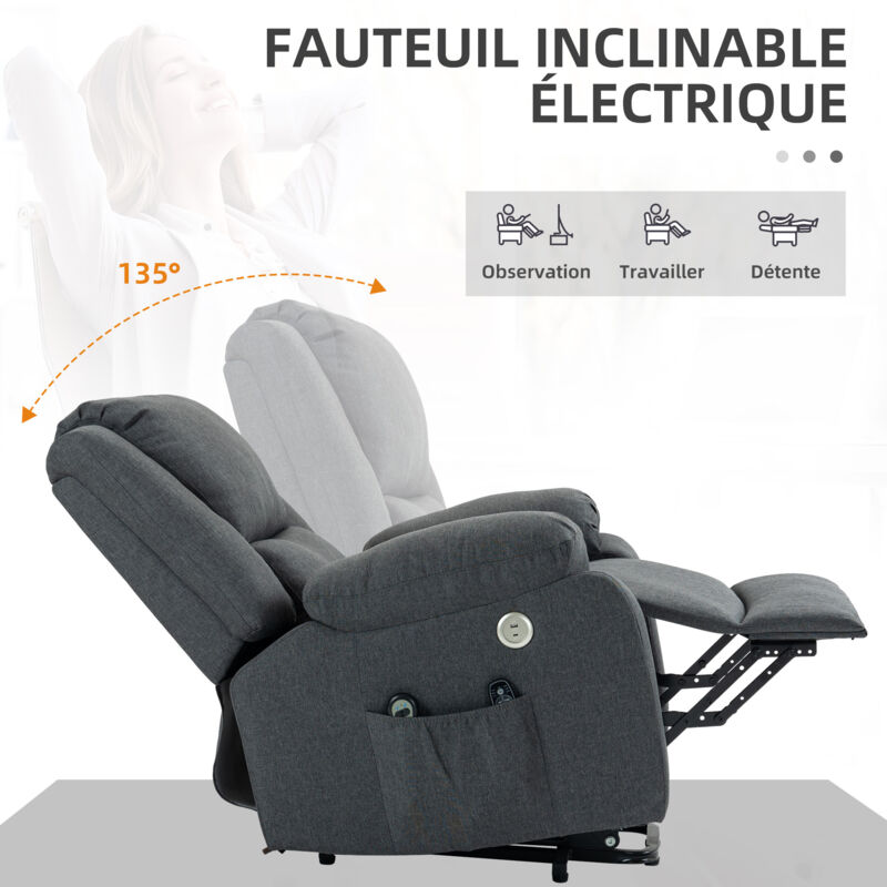 Fauteuil Releveur électrique Avec Massage Et Chaleur - Inclinaison 135°, Aide à La Verticalisation - Tissu éponge, Ports USB, Repose-pieds - 7