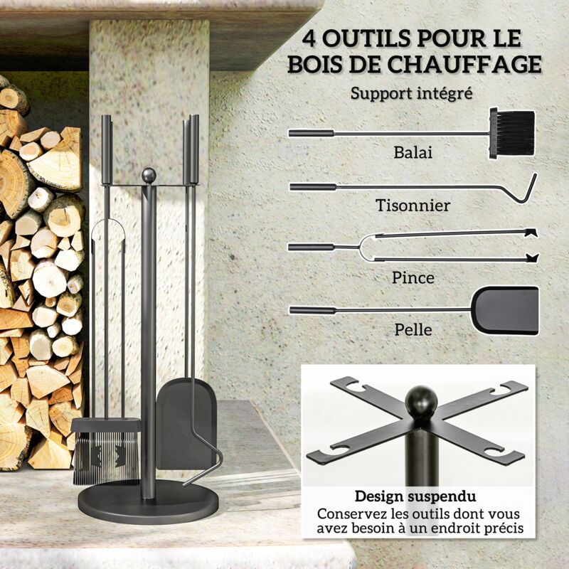 Ensemble Serviteur De Cheminée 4 Pièces Avec Balai, Pelle, Tisonnier Et Support En Metal 20 X 20 X 65 Cm Noir 90601363