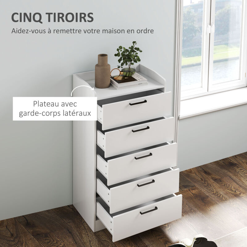 Commode 5 Tiroirs HOMCOM - Meuble Rangement Chambre Salon Bureau - Poignées Rétro, Glissières Métalliques, Anti-Basculement - Blanc