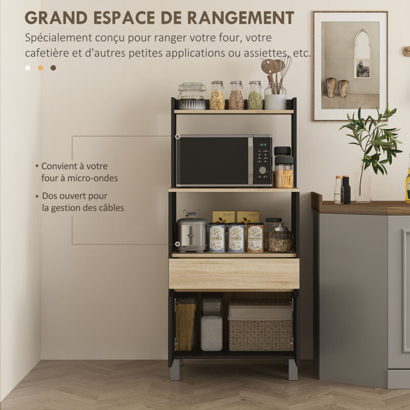 Desserte De Cuisine COSI XXL Avec Niche Micro-ondes - Blanc Et Bois, 90x40x85.5 Cm, 4 Roulettes | Rangement Optimisé, Tiroir, Plateau