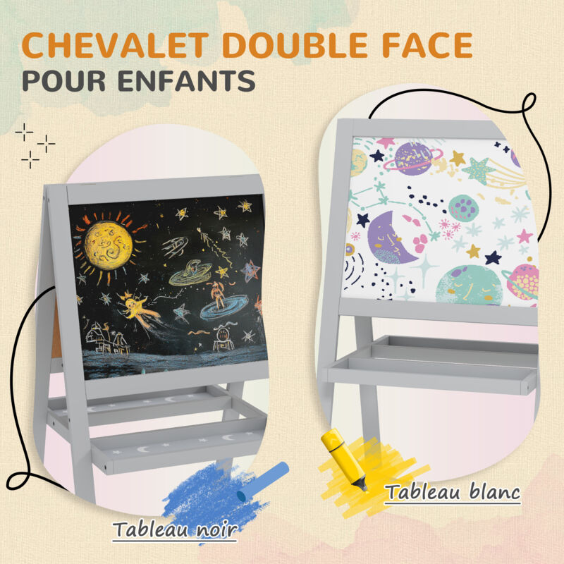 Chevalet 3 en 1 pour enfants, tableau blanc et tableau noir magnétique