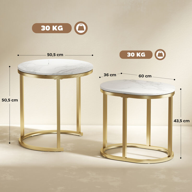 HOMCOM Lot De 2 Tables Basses Gigognes Rondes Effet Marbre – Ø70 Cm & Ø44,5 Cm – Style Moderne Gris Et Blanc – Gain De Place Salon Chambre