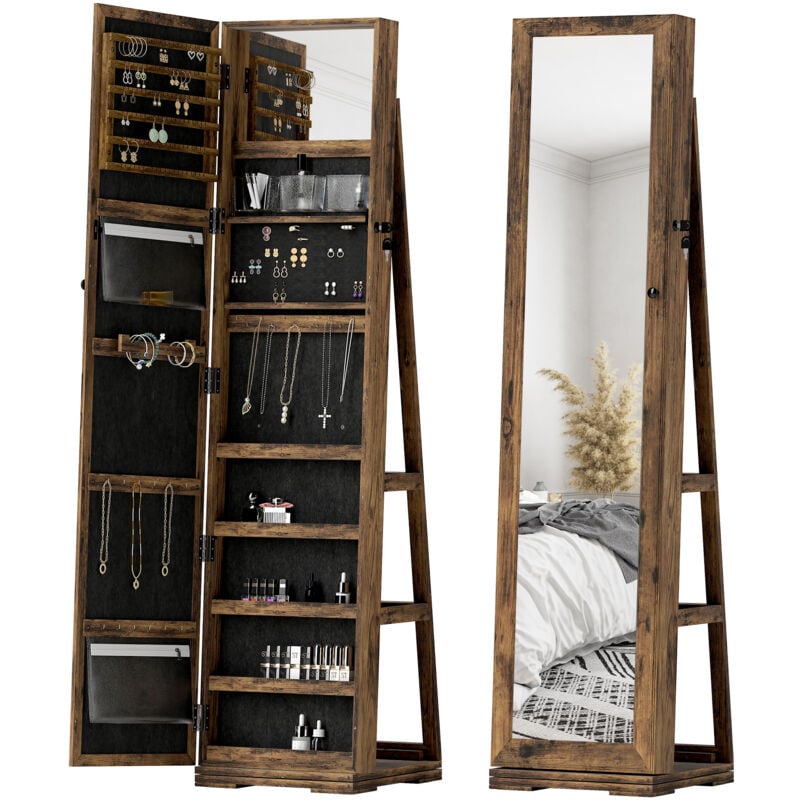 Armoire à bijoux pivotante verrouillable avec miroir - armoire bijoux multi-rangement - MDF gris clair