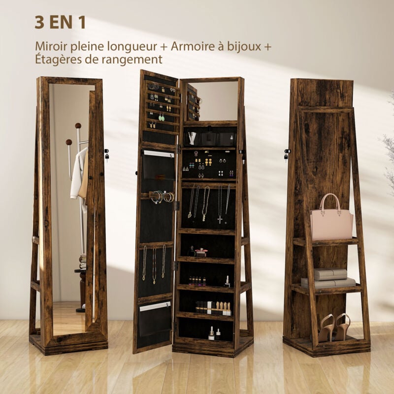 Armoire à bijoux pivotante verrouillable avec miroir - armoire bijoux multi-rangement - MDF gris clair 3