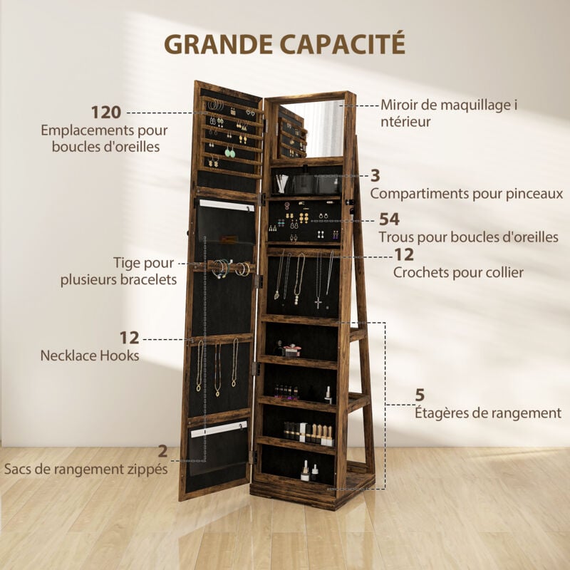 Armoire à bijoux pivotante verrouillable avec miroir - armoire bijoux multi-rangement - MDF gris clair 4