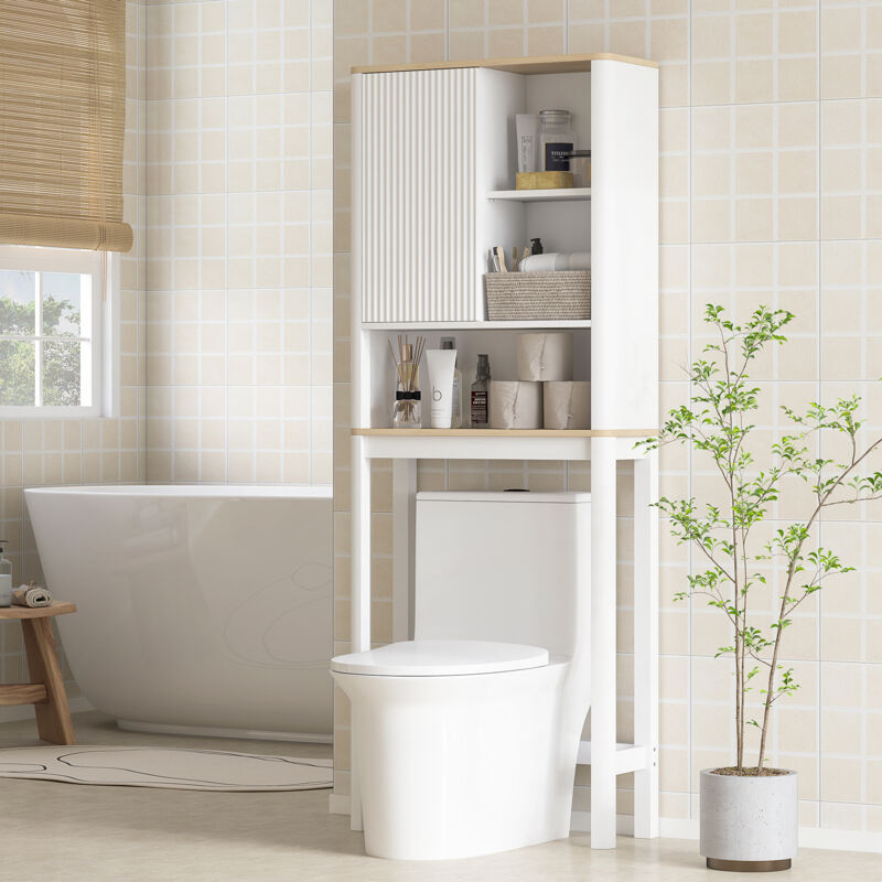 HOMCOM Meuble Sur WC Armoire 2 Portes & Étagère Ouverte - Meuble Salle De Bain Gain D'Espace, Portes à Lattes, 60 X 21,5 X 172 Cm Bois Naturel