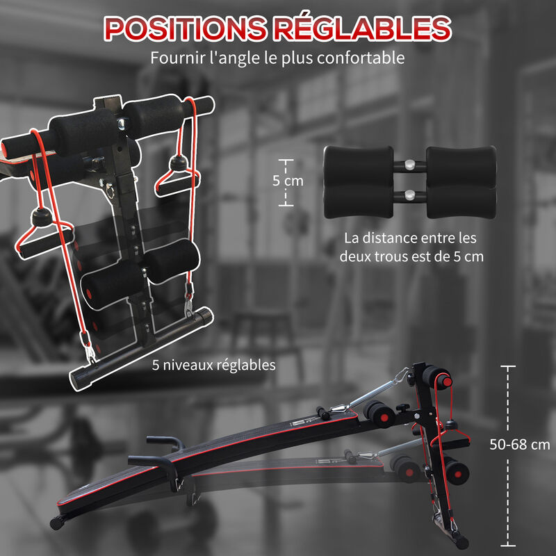 HOMCOM Banc de musculation appareil à abdo hauteur réglable 55,5 x 137,5 x  50-68 cm 2 bandes de résistances + ressort central traction acier noir  rouge pas cher 