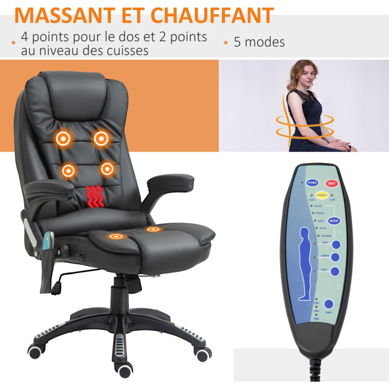 Fauteuil De Bureau Massant Et Chauffant Vinsetto - Ergonomique, Hauteur Réglable, Charge Max 180 Kg