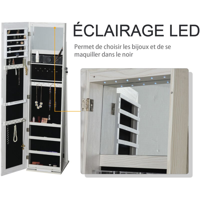 HOMCOM Armoire à bijoux avec miroir sur pied multi-rangements éclairage LED blanc dim. 38L x 38l x H157 cm 4
