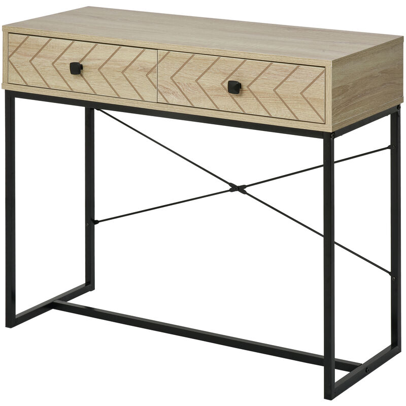 HOMCOM Table console industriel 2 tiroirs aspect bois de chêne