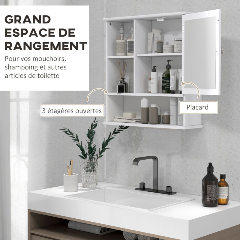 Armoire Murale Salle De Bain Kleankin 37x70cm - 3 Niveaux Avec Étageres Réglables | Blanc Brillant Moderne