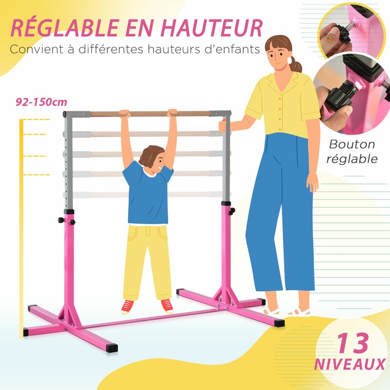 Barre fixe de gymnastique enfant - barre de gymnastique hauteur réglable 13  niveaux 92 à 150 cm - acier rose bois massif hêtre