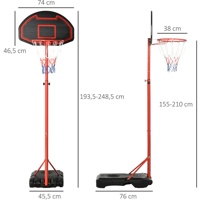 Panier de Basket-Ball sur pied avec poteau panneau, base de lestage sur  roulettes hauteur réglable 1,55 - 2,1 m rouge noir - Cdiscount Sport