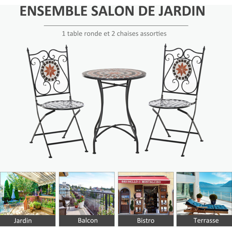 Salon De Jardin Pliable 3 Pièces Mosaïque – Table + 2 Chaises, Design Rétro, Bleu, Pour Terrasse Et Intérieur
