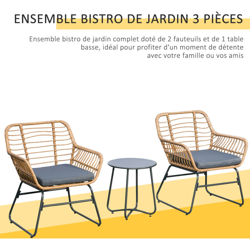 Ensemble Bistro Jardin 3 Pièces Outsunny - 2 Fauteuils + Table Basse En Résine Tressée - Style Bambou - Beige/Gris