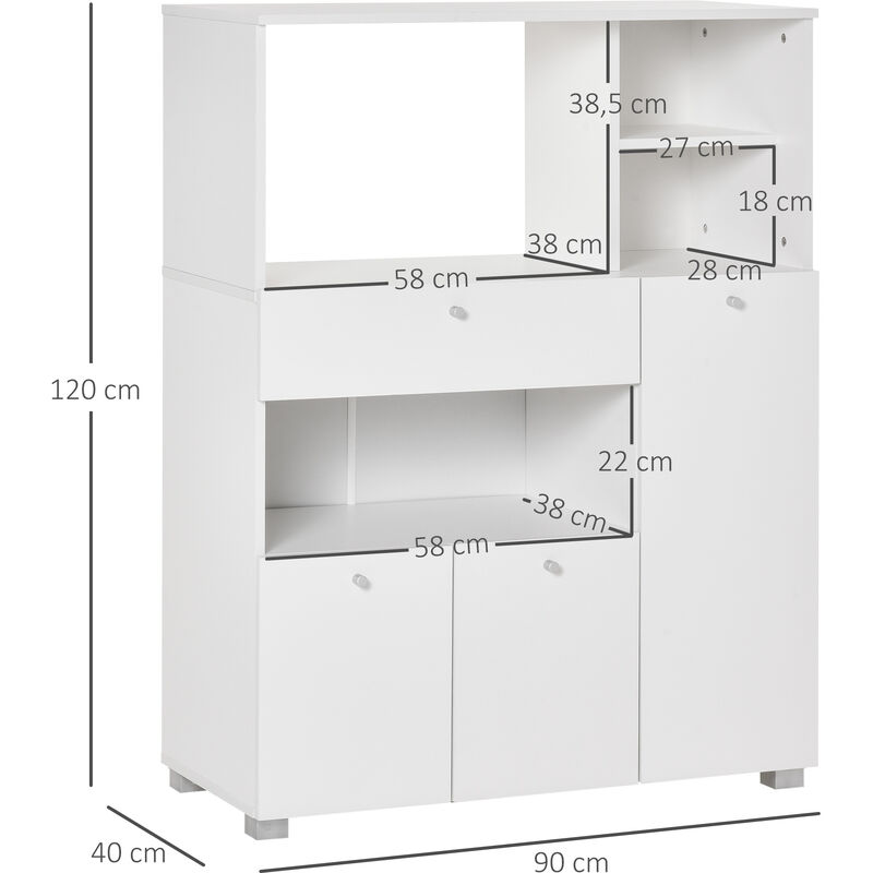 HOMCOM Meuble micro-ondes pour cuisine - tiroir, 2 portes, niche - dim. 60L  x 40l x 122,5H cm - MDF blanc pas cher 