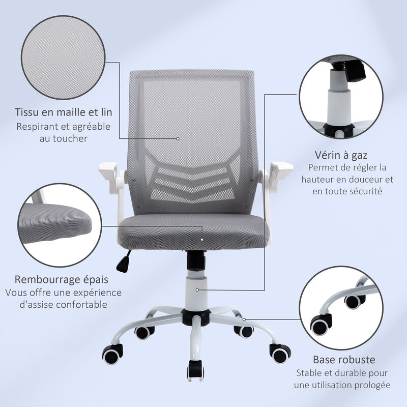 Vinsetto Chaise de bureau avec coussin lombaire, accoudoirs, gris