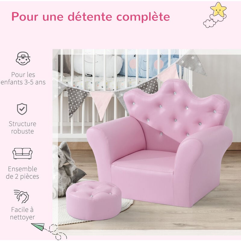 Ensemble fauteuil et pouf enfant design couronne de princesse - dossier et  assise pouf avec boutons strass aspect cristaux - structure bois revêtement  synthétique PVC rose