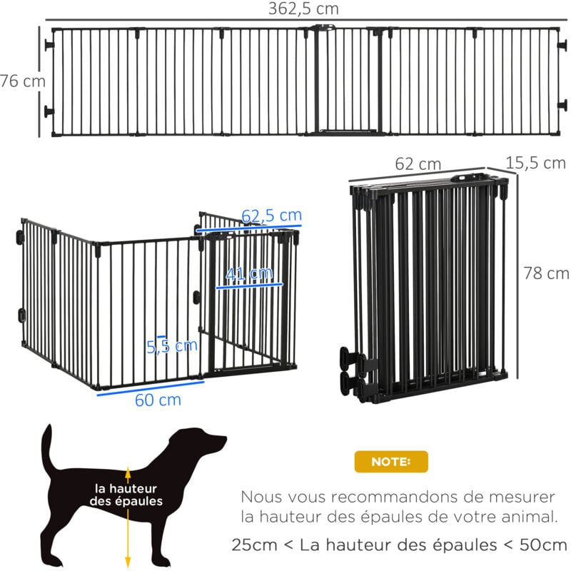 PawHut Brrière de sécurité barrière de protection cheminée parc enclos  chien pliable modulable 6 panneaux avec porte sans perçage 482,5 x 76  cm