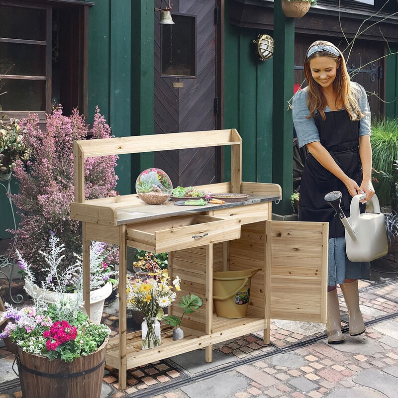 Outsunny - Table de rempotage jardinage pliable - étagère plateau acier  galvanisé avec rebord - bois sapin pré-huilé
