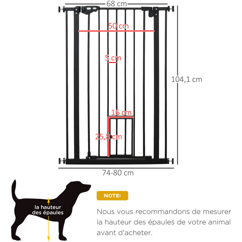Barrière de sécurité animaux - longueur réglable dim. 75-82 cm - porte  verrouillable, ouverture double sens - sans perçage - acier noir pin -  Accessoires d'éducation pour chien - Achat & prix