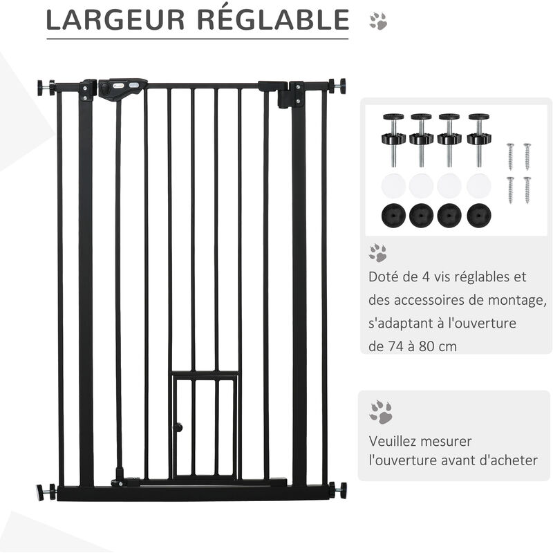 Barrière de sécurité animaux - longueur réglable dim. 74-80 cm - 2 portes  verrouillables, ouverture double sens - sans perçage - acier noir pin