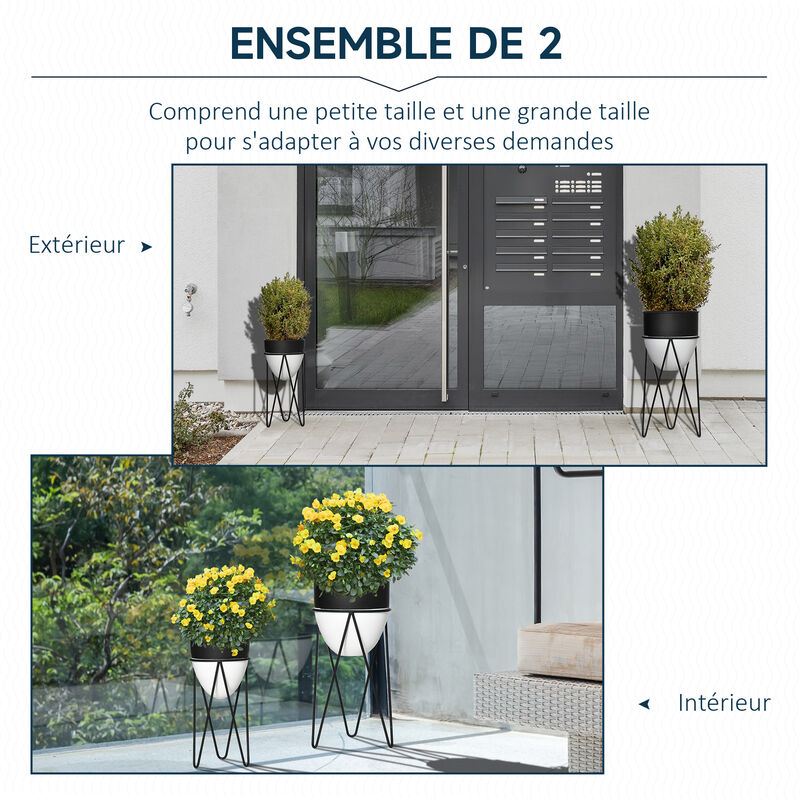 Lot De 2 Supports Pot De Fleurs Outsunny - Acier Noir, Hauteurs 58.5 Et 65 Cm, Style Scandinave