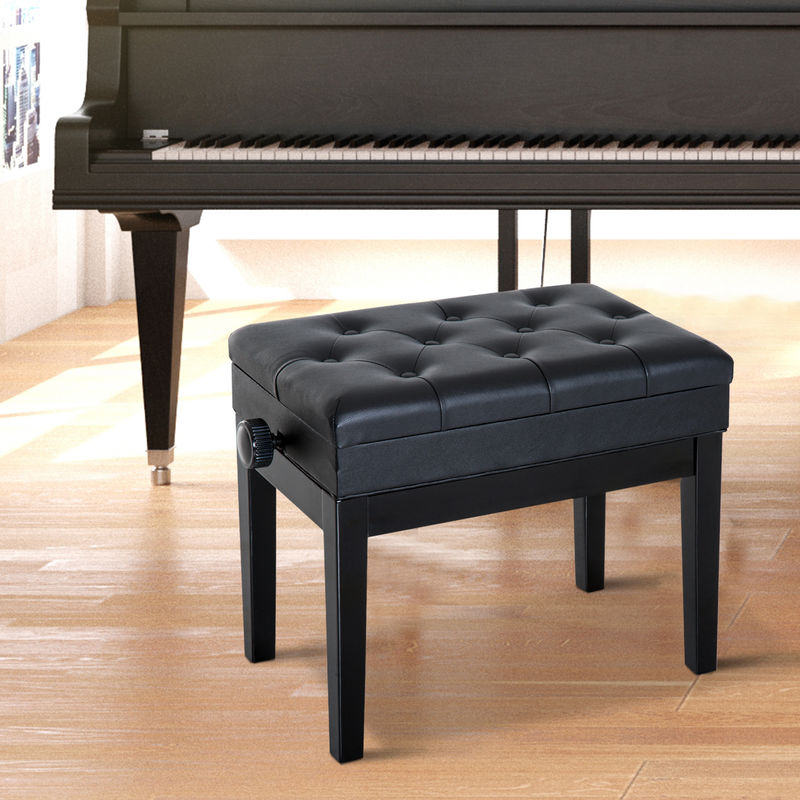 Homcom - Banquette tabouret siège pour piano avec coffre de rangement pied  bois hévéa revêtement synthétique noir