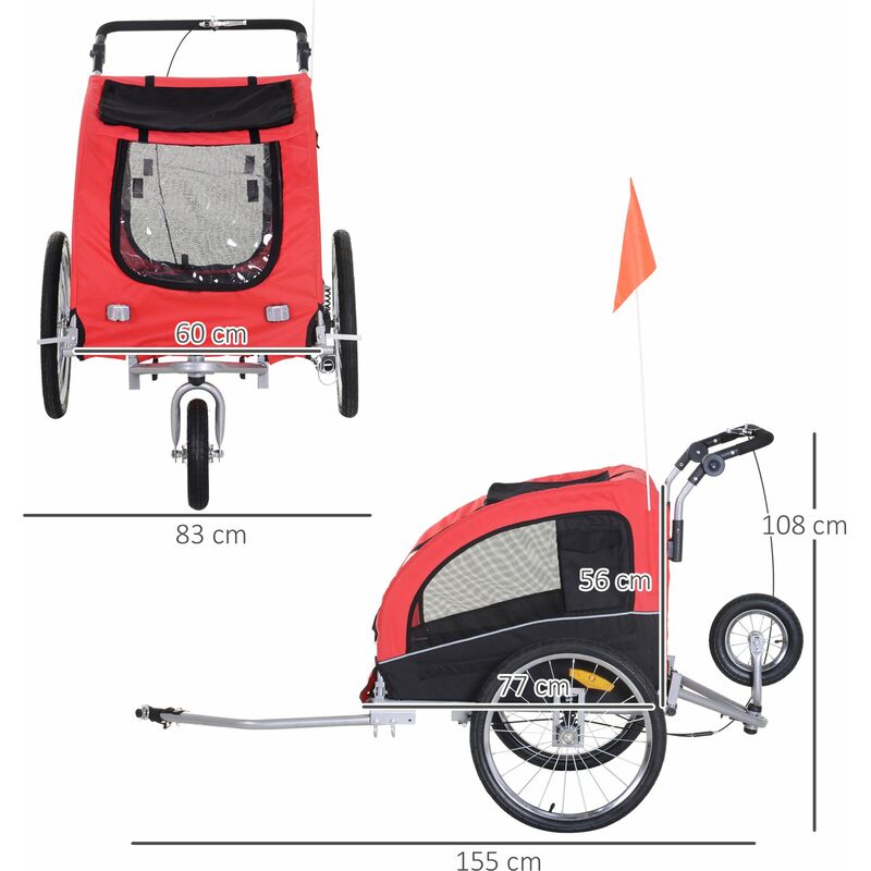 HOMCOM Remorque vélo jogger 2 en 1 pour enfant drapeau roue avant pivotante  réflecteurs et barre d'attelage inclus vert noir pas cher 