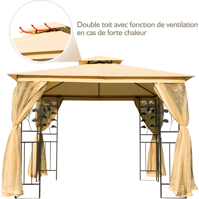 Outsunny Pavillon de jardin tonnelle barnum style colonial double toit toiles moustiquaires amovibles zippées taupe - Jardin