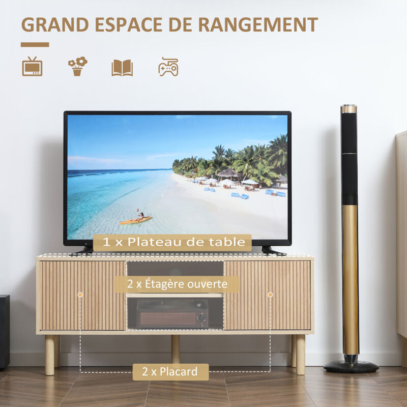 HOMCOM Meuble TV Banc 115 Cm Avec Cannage Rotin Aspect Bois Clair