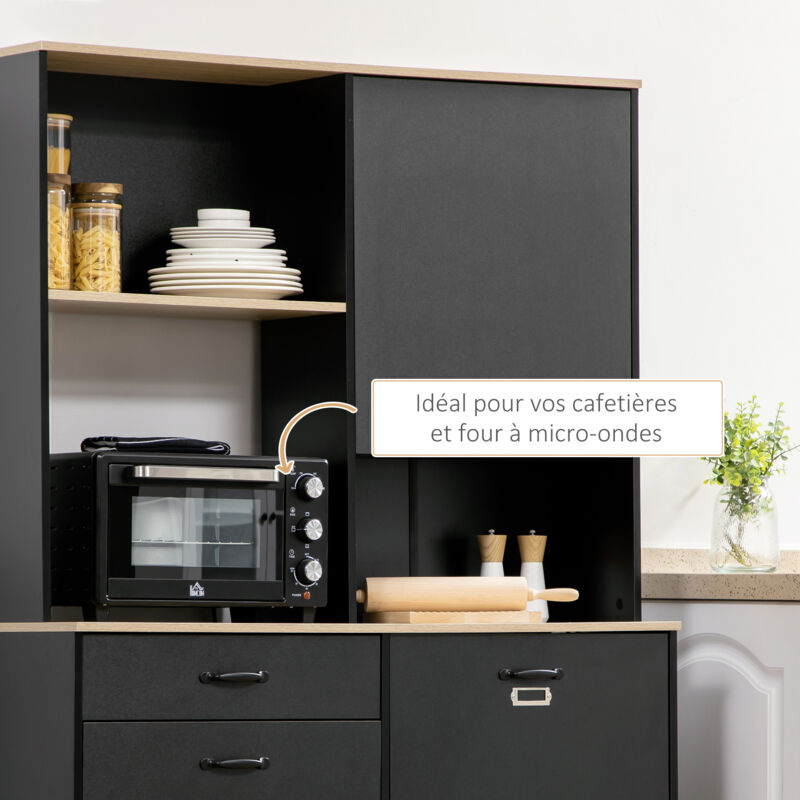 Buffet haut multi-rangement une porte 3 étagères 2 tiroirs 2 niches piètement acier noir aspect